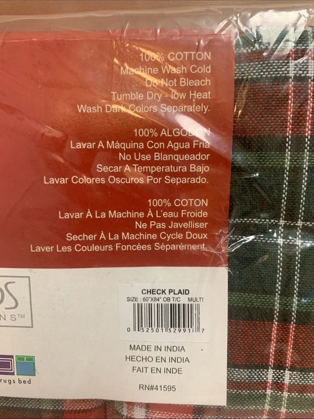 NWT Trends Collections Holiday Plaid Tablecloth 60